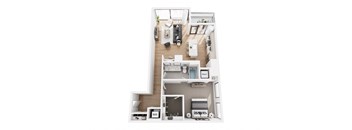 a stylized floor plan with a bedroom and a living room