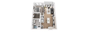 a stylized floor plan with a bedroom and a living room
