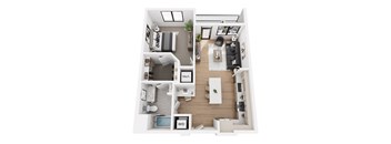 a stylized floor plan with a bedroom and a living room