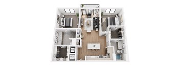 A top-down view of a modern apartment layout with labeled sections for W.D and Mechanics.
