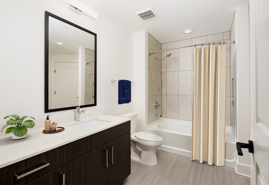 a bathroom with a shower toilet and sink and a mirror