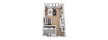 a stylized floor plan with a bedroom and a living room