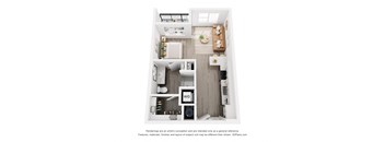 a 1 bedroom floor plan with a bedroom and a living room