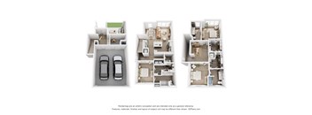 three dimensional floor plans of a 3 bedroom apartment