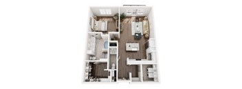 A top-down view of a small apartment with a kitchen, living room, and bathroom.