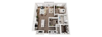 A top-down view of an apartment layout with a kitchen, living room, and bedrooms.