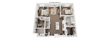 A top-down view of an apartment layout with a kitchen, living room, and bedrooms.