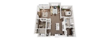 A top-down view of a modern apartment layout with a living room, kitchen, and two bedrooms.