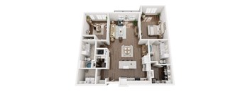 A top-down view of a two-story apartment with a living room, kitchen, and bedrooms.
