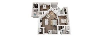 A top-down view of a house interior with a kitchen, living room, and bedrooms.