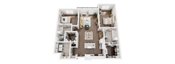 A top-down view of a well-organized apartment with a kitchen, living room, and bedrooms.