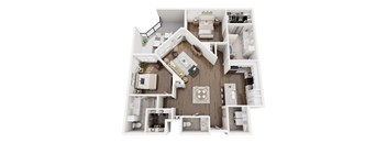 A top-down view of a house interior with a kitchen, living room, and bedrooms.