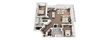 A top-down view of a modern, well-furnished 2 bedroom 2 bathroom apartment.