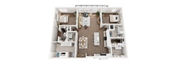 A t3D view of an apartment with a kitchen, living room, and bedrooms.