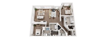A 3D view of an apartment with a kitchen, living room, and bedroom.