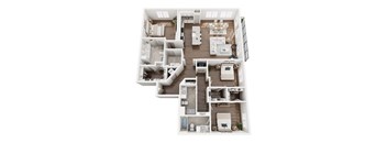 A top-down view of a multi-level home interior with various rooms and furniture.