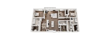 A top-down view of a house layout with multiple rooms and furniture.