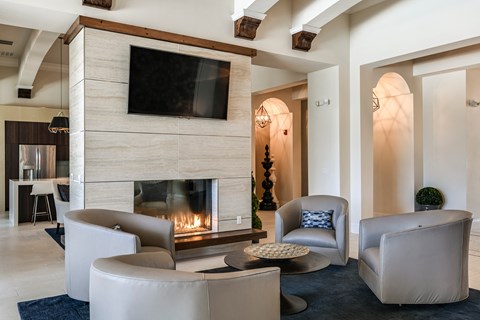 a living room with a fireplace and a tv