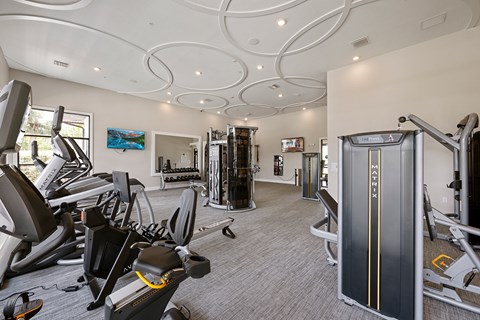 A gym with a variety of equipment including treadmills, weights, and exercise machines.