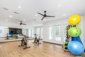 a workout room with a large screen tv and a bunch of exercise equipment