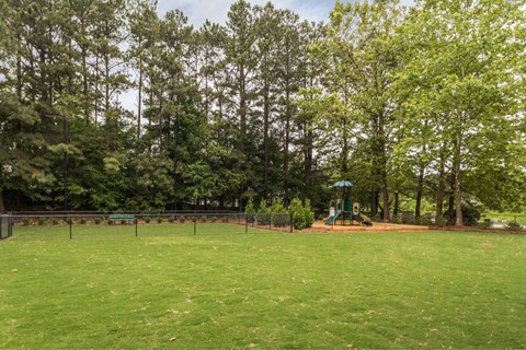 A large grassy field with trees in the background and a playground in the middle.