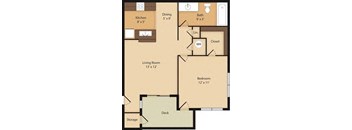 A floor plan of a small apartment with a kitchen, living room, bedroom, and bathroom.