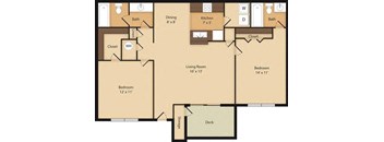 A floor plan of a house with a deck and two bedrooms.