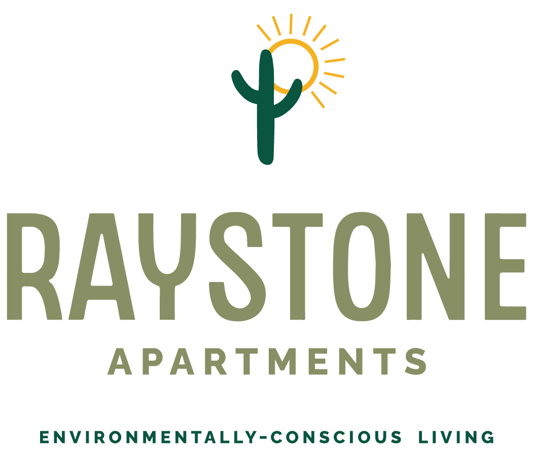 The image is a logo for Raystone Apartments, emphasizing environmentally-conscious living.