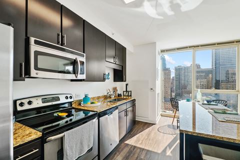 a kitchen with black cabinets and stainless steel appliances and a large window with a city view