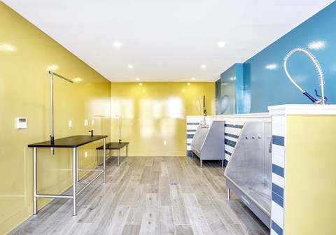 A kitchen with a yellow wall and a wooden floor.