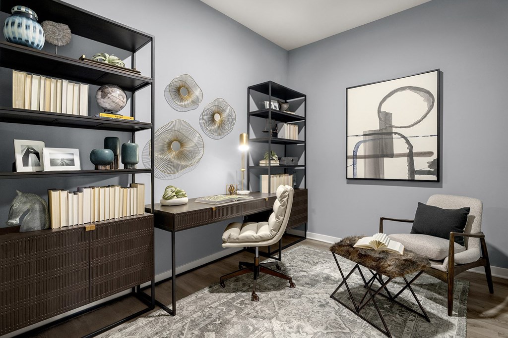 a home office with a desk and two chairs and a mirror at The Ivy, New Jersey, 07928