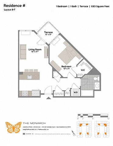 1 Bedroom 1 Bathroom Floor Plan at The Monarch, New Jersey