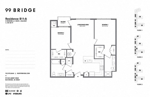 2 Bedrooms D and 2 Bathrooms Floor Plans at 99 Bridge, New Jersey, 08857