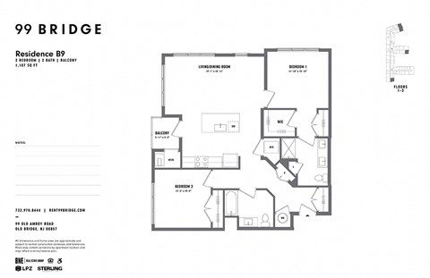 2 Bedrooms A and 2 Bathrooms Floor Plans at 99 Bridge, Old Bridge, New Jersey