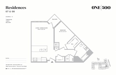 A6 1 Bed 1 Bath Floor Plan at One500, Teaneck, NJ