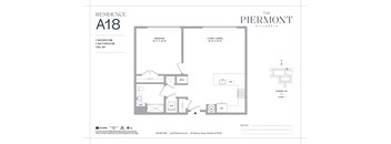 A floor plan for a residence at The Piermont showing a bedroom, bathroom, living room/dining room, and kitchen.