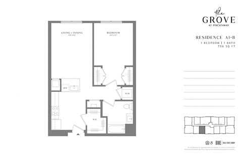 1 Bedroom 1 Bath Floor Plan at The Grove at Piscataway, Piscataway, 08854