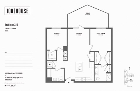 2 bed 2 bath floor plan at 100 House Apartments, Jersey City , 07310