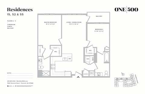 B1 2 Bed 2 Bath Floor Plan at One500, Teaneck, New Jersey