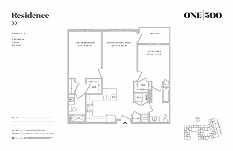 B1-c 2 Bed 2 Bath Floor Plan at One500, New Jersey, 07666