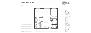 A black and white floor plan for Residence B8 at Station Bay.
