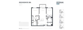 A black and white floor plan of Residence B8 with labeled rooms.