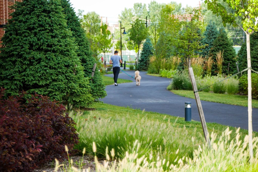 a woman walking her dog down a path in a park at 100 House Apartments, Jersey City , NJ