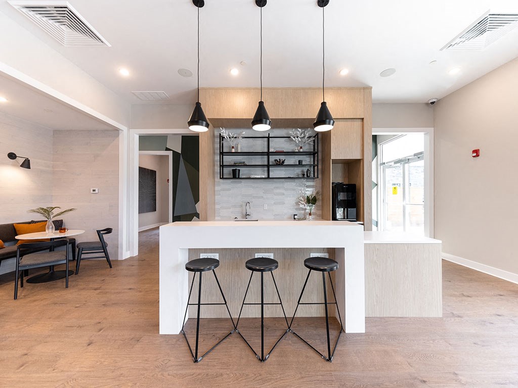 Eat-In Table With High Chairs In Clubhouse at The Grove at Piscataway, Piscataway, New Jersey