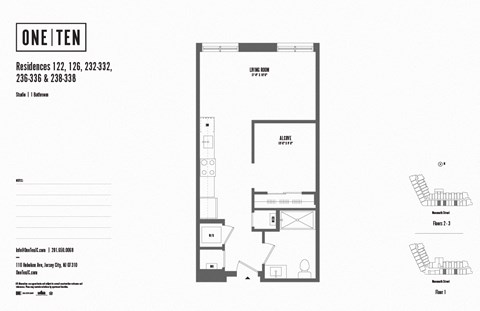Studio 1 bath floor plan Y at One Ten Apartments, Jersey City
