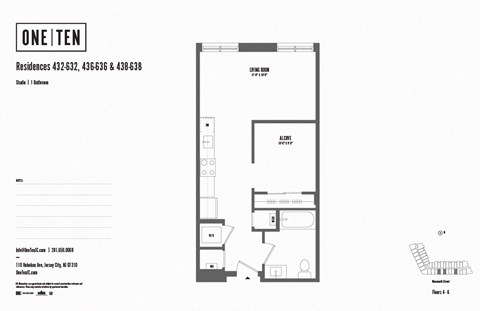 Studio 1 bathroom floor plan K at One Ten Apartments, Jersey City , New Jersey