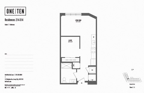 Studio 1 bath floor plan O at One Ten Apartments, New Jersey