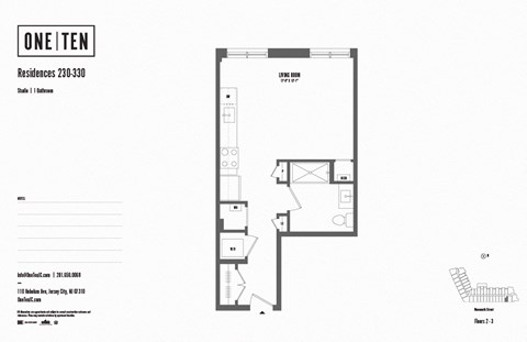 Studio 1 bath floor plan at One Ten Apartments, New Jersey, 07310