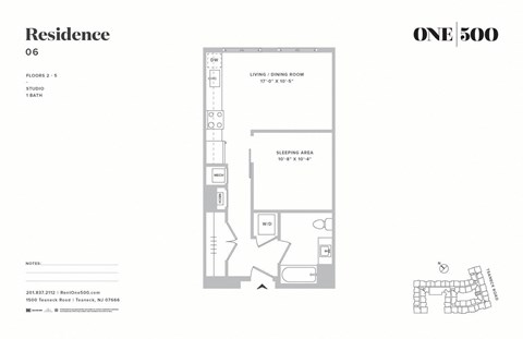 Studio Floor Plan at One500, Teaneck, NJ, 07666