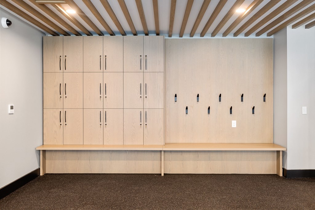 a row of white lockers in a room with a brown carpet